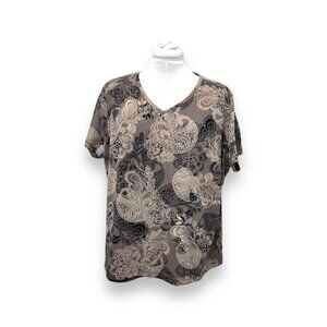 Croft & Barrow Womens 3X Top V-Neck Floral Paisley Print Beige/Black Polyester/N